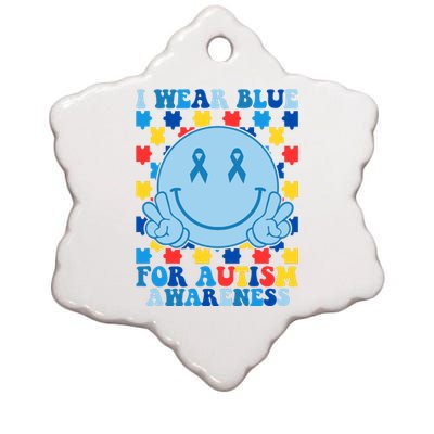 I Wear Blue For Autism Awareness Month Smile Peace Ceramic Star Ornament