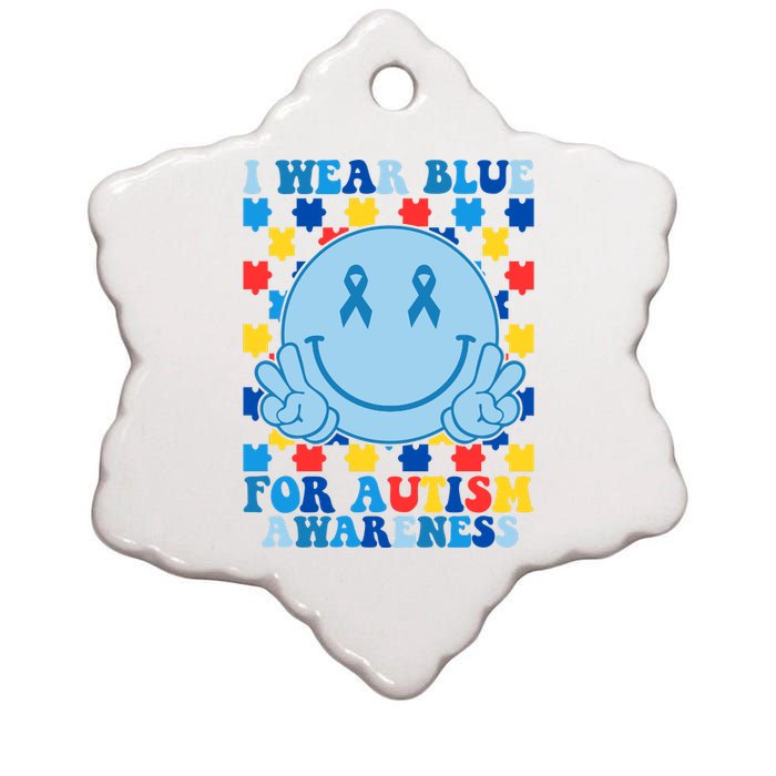 I Wear Blue For Autism Awareness Month Smile Peace Ceramic Star Ornament