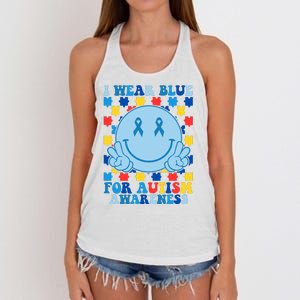 I Wear Blue For Autism Awareness Month Smile Peace Women's Knotted Racerback Tank