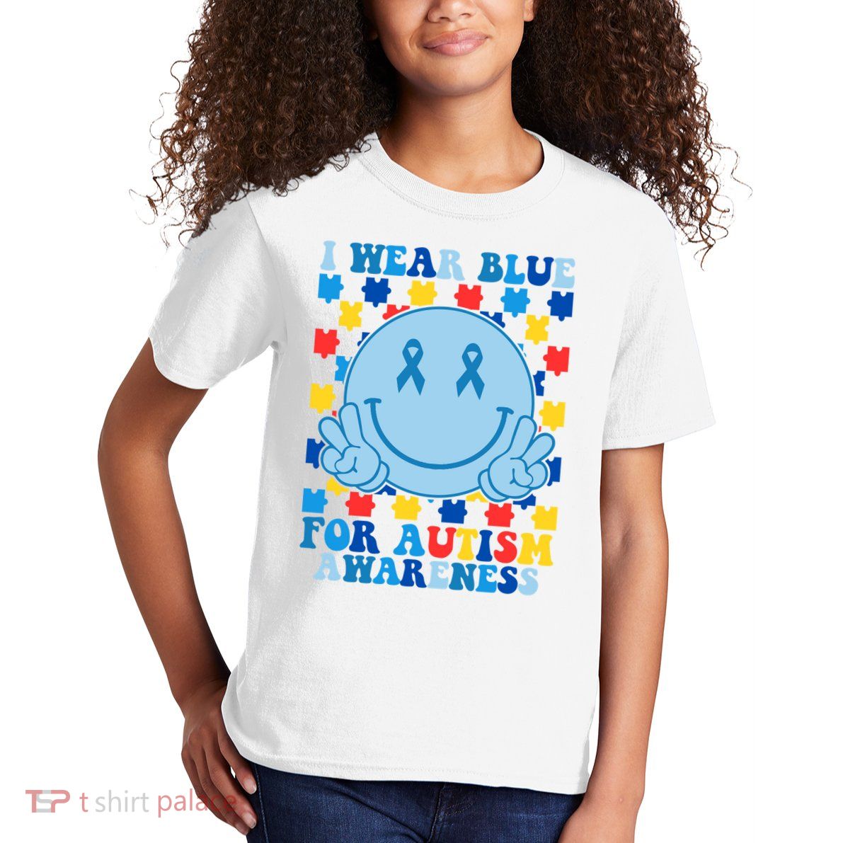 I Wear Blue For Autism Awareness Month Smile Peace Kids T-Shirt