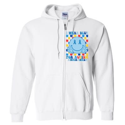 I Wear Blue For Autism Awareness Month Smile Peace Full Zip Hoodie