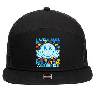 I Wear Blue For Autism Awareness Month 7 Panel Mesh Trucker Snapback Hat