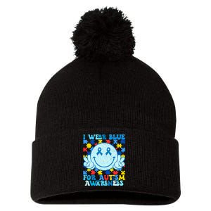 I Wear Blue For Autism Awareness Month Pom Pom 12in Knit Beanie