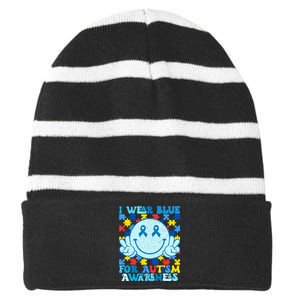 I Wear Blue For Autism Awareness Month Striped Beanie with Solid Band