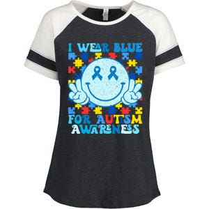 I Wear Blue For Autism Awareness Month Enza Ladies Jersey Colorblock Tee