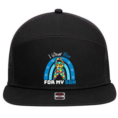 I Wear Blue For My Son Autism Awareness Rainbow Gift 7 Panel Mesh Trucker Snapback Hat