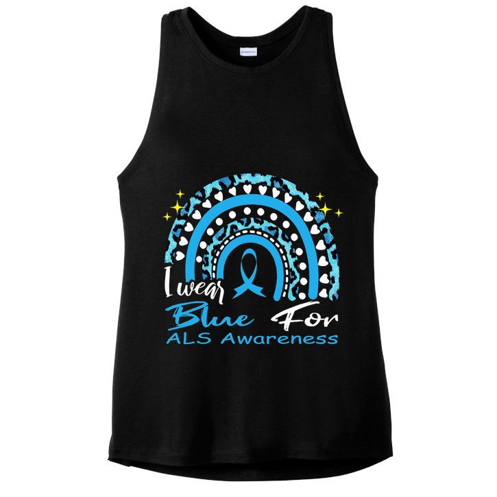 I wear blue for ALS awareness Rainbow, ALS Awareness Ribbon Ladies PosiCharge Tri-Blend Wicking Tank