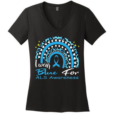 I wear blue for ALS awareness Rainbow, ALS Awareness Ribbon Women's V-Neck T-Shirt