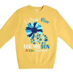 I Wear Blue For My Son Autism Awareness Sunflower Gift Premium Crewneck Sweatshirt