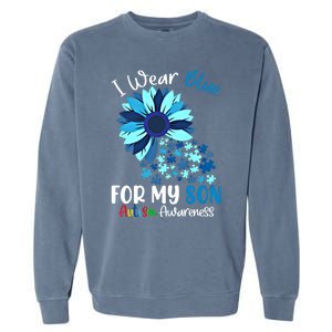 I Wear Blue For My Son Autism Awareness Sunflower Gift Garment-Dyed Sweatshirt