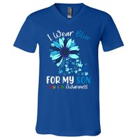 I Wear Blue For My Son Autism Awareness Sunflower Gift V-Neck T-Shirt