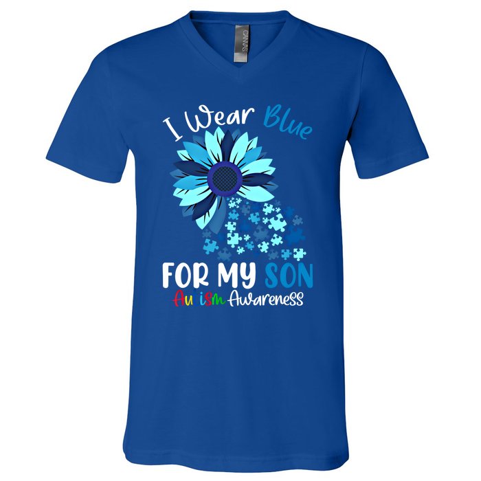 I Wear Blue For My Son Autism Awareness Sunflower Gift V-Neck T-Shirt