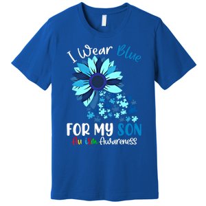 I Wear Blue For My Son Autism Awareness Sunflower Gift Premium T-Shirt