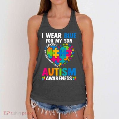 I Wear Blue For My Son Autism Awareness Autistic Mom Dad Women's Knotted Racerback Tank