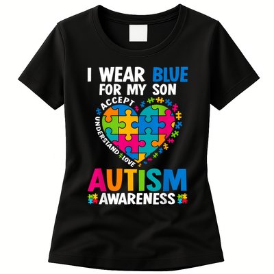 I Wear Blue For My Son Autism Awareness Autistic Mom Dad Womens T-Shirt