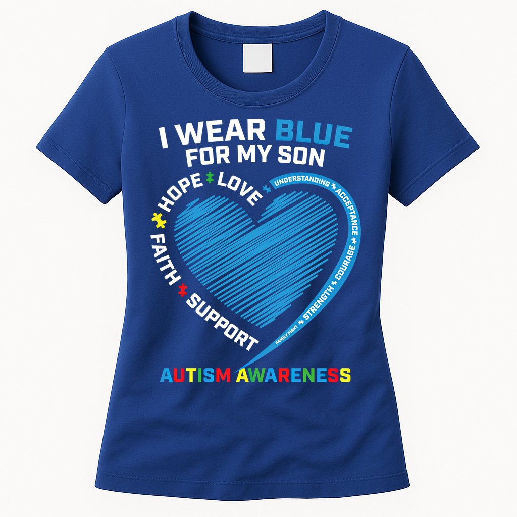 I Wear Blue For My Son Autism Awareness Support Products Cute Gift Womens T-Shirt