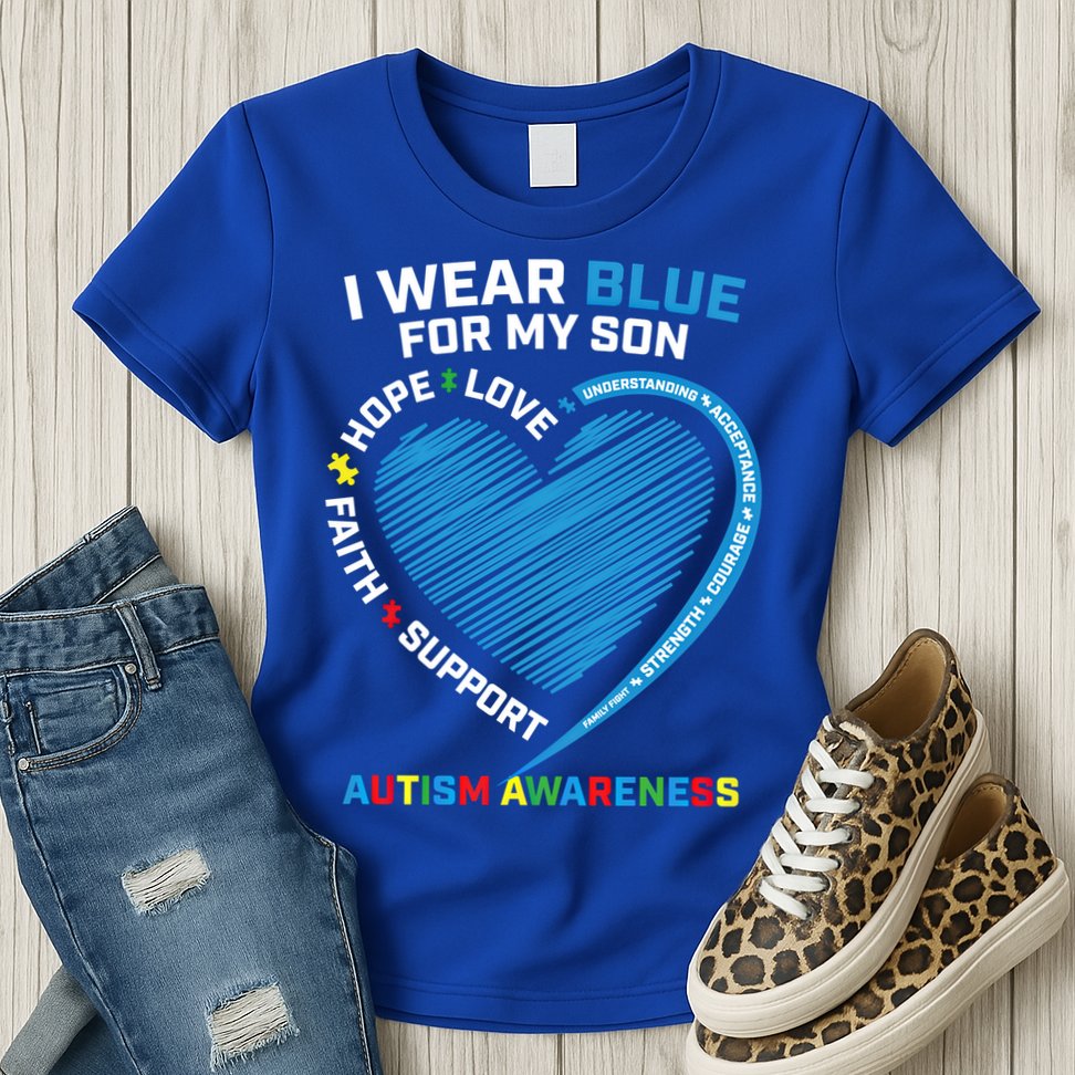 I Wear Blue For My Son Autism Awareness Support Products Cute Gift Womens T-Shirt