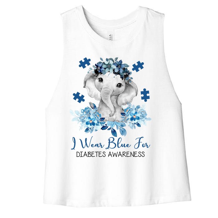 I Wear Blue For Diabetes Awareness Elephant Women's Racerback Cropped Tank