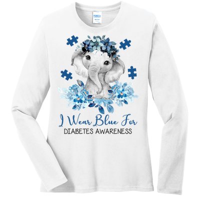 I Wear Blue For Diabetes Awareness Elephant Ladies Long Sleeve Shirt