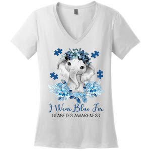 I Wear Blue For Diabetes Awareness Elephant Women's V-Neck T-Shirt