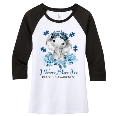 I Wear Blue For Diabetes Awareness Elephant Women's Tri-Blend 3/4-Sleeve Raglan Shirt