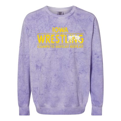 Iowa Wrestling Compete Defeat Repeat Colorblast Crewneck Sweatshirt