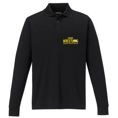 Iowa Wrestling Compete Defeat Repeat Performance Long Sleeve Polo