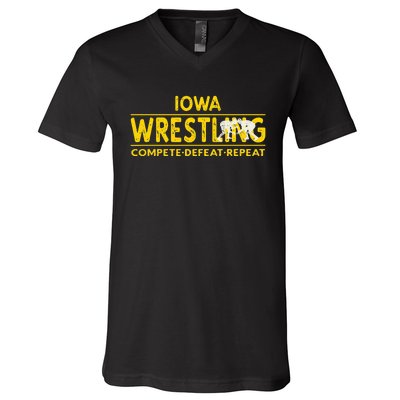 Iowa Wrestling Compete Defeat Repeat V-Neck T-Shirt