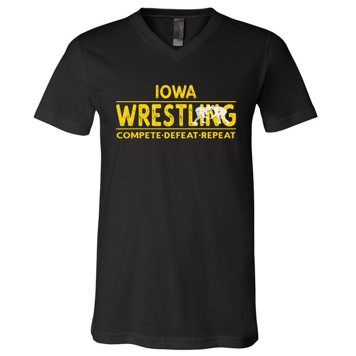 Iowa Wrestling Compete Defeat Repeat V-Neck T-Shirt