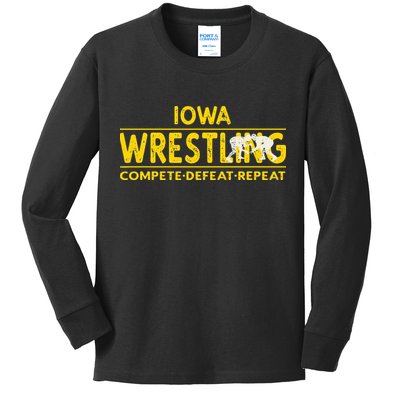 Iowa Wrestling Compete Defeat Repeat Kids Long Sleeve Shirt