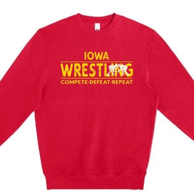 Iowa Wrestling Compete Defeat Repeat Premium Crewneck Sweatshirt