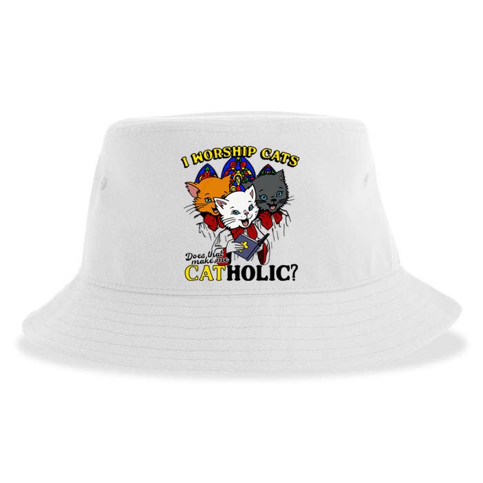 I Worship Cats Does That Make Me Catholic Funny Cat Lovers Sustainable Bucket Hat