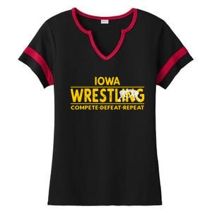 Iowa Wrestling Compete Defeat Repeat Gift Ladies Halftime Notch Neck Tee