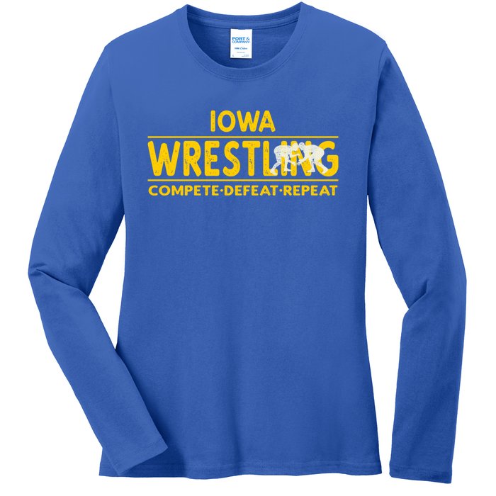 Iowa Wrestling Compete Defeat Repeat Gift Ladies Long Sleeve Shirt