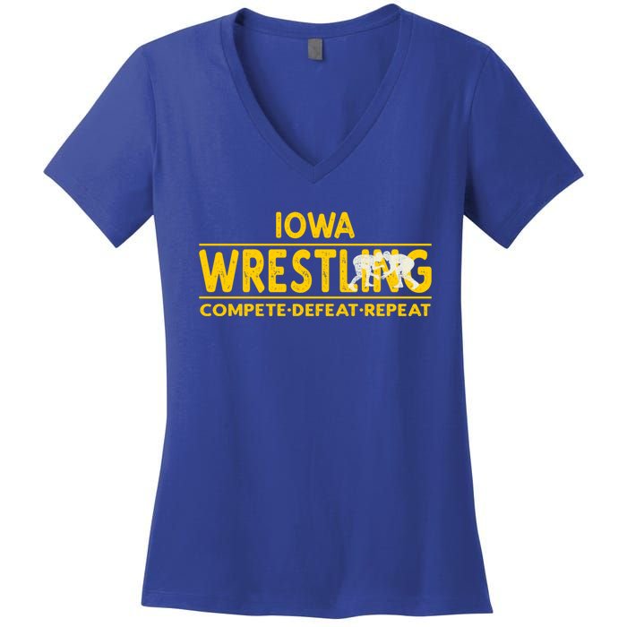 Iowa Wrestling Compete Defeat Repeat Gift Women's V-Neck T-Shirt