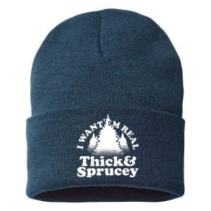 I Want Em Real Thick And Sprucey Funny Christmas Sustainable Knit Beanie