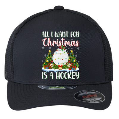 I Want For Christmas Is A Hockey Xmas Tree Lights Funny Gift Flexfit Unipanel Trucker Cap