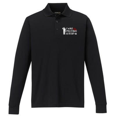 I Was Fighting A Bear Funny Head Injury Recovery Concussion Performance Long Sleeve Polo