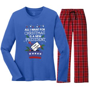 I Want For Christmas Is A New President Funny Antitrump Gift Women's Long Sleeve Flannel Pajama Set 