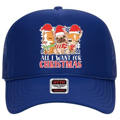 I Want For Christmas Corgi Bulldog Chihuahua Gift High Crown Mesh Back Trucker Hat