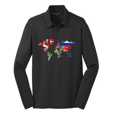 International World Flags  Flags World Map Silk Touch Performance Long Sleeve Polo