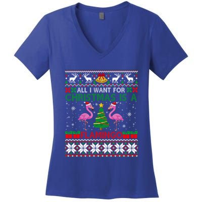 I Want For Christmas Is A Flamingo Merry Xmas Ugly Sweater Gift Women's V-Neck T-Shirt