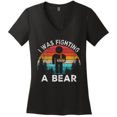 I Was Fighting A Bear Get Well Soon Broken Arm Surgery Retro Women's V-Neck T-Shirt