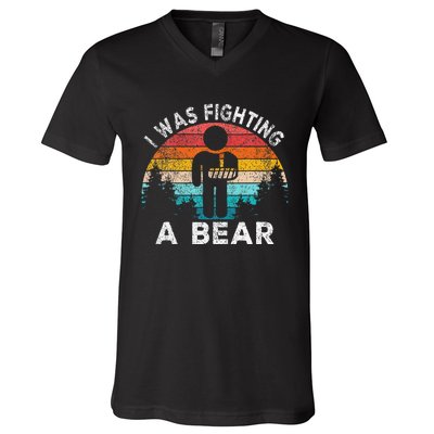 I Was Fighting A Bear Get Well Soon Broken Arm Surgery Retro V-Neck T-Shirt