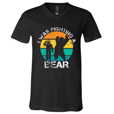 I Was Fighting A Bear Funny Head Injury Concussion Retro V-Neck T-Shirt