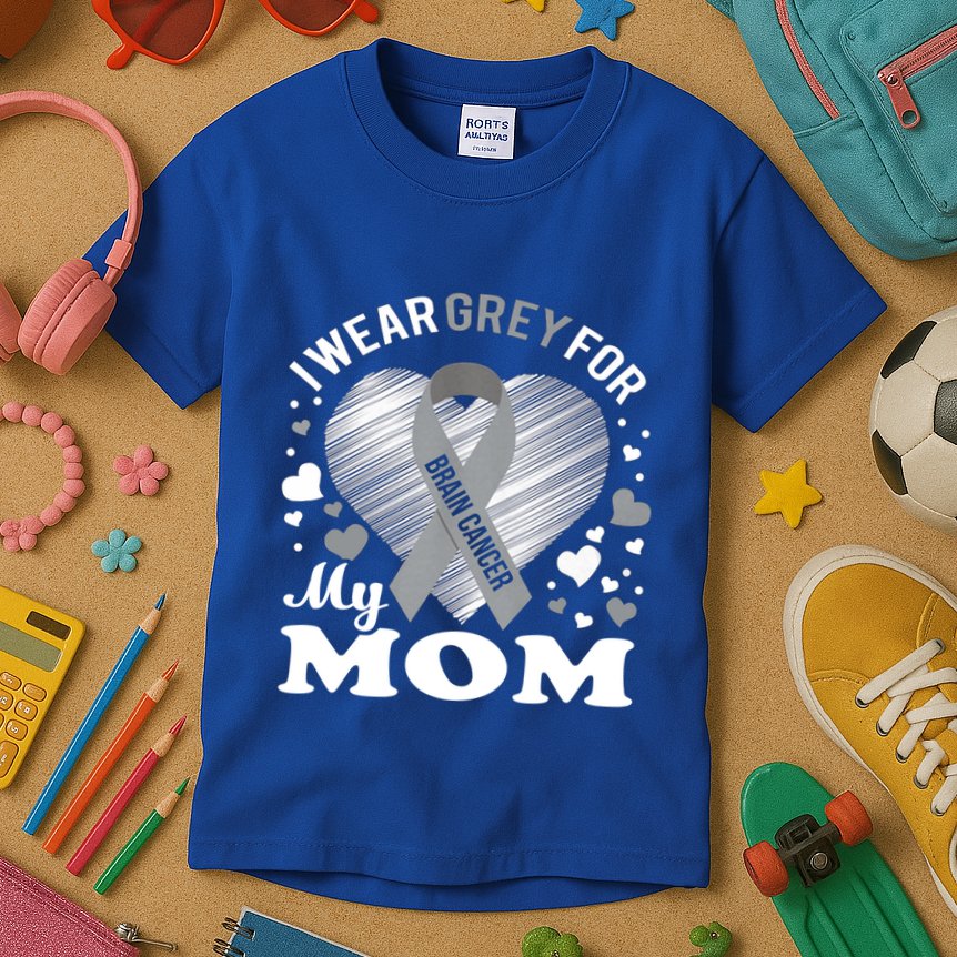 I Wear Grey For My Mom Gift Brain Cancer Awareness Gift Kids T-Shirt