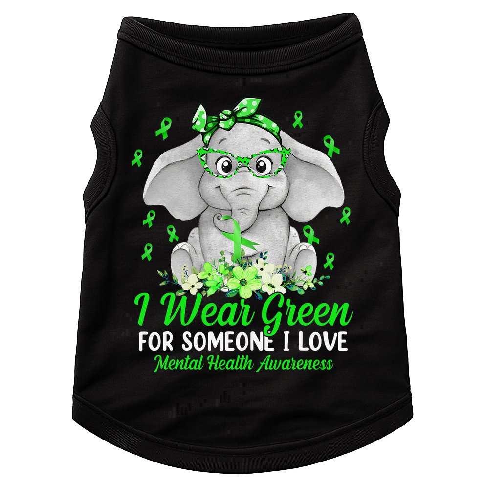 I Wear Green For Mental Health Awareness Ribbon Elephant Doggie Tank