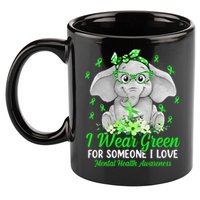 I Wear Green For Mental Health Awareness Ribbon Elephant 11oz C Handle Ceramic Mug