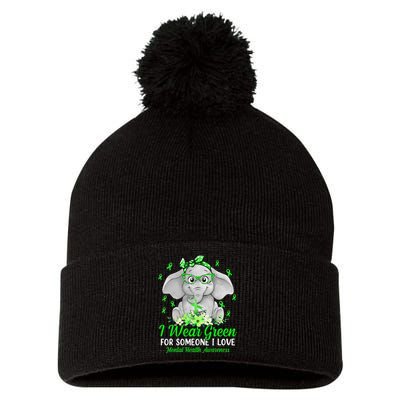 I Wear Green For Mental Health Awareness Ribbon Elephant Pom Pom 12in Knit Beanie