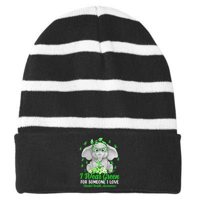 I Wear Green For Mental Health Awareness Ribbon Elephant Striped Beanie with Solid Band